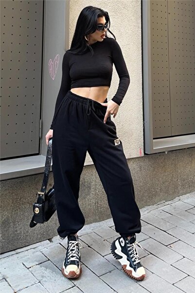 WeShaya Black High Waist Lace-Up Elastic Leg Pocketed Oversized Arma Detailed Sweatpants