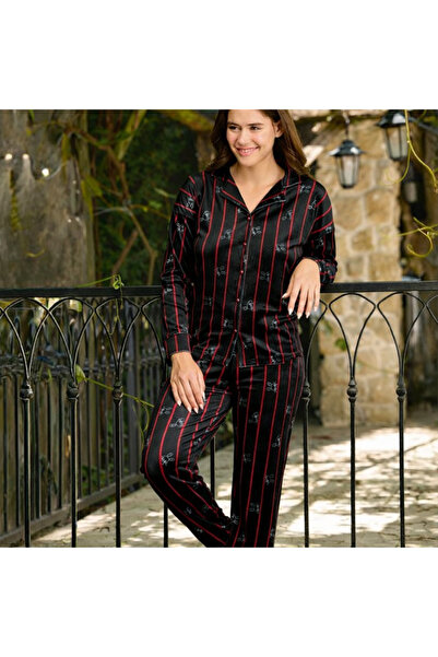 Tusebu Μαύρο κόκκινο ριγέ γυναικείο σετ πιτζάμα με κουμπιά – μακρυμάνικο