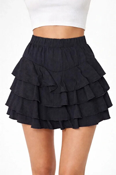 nedo7 Black Layered Mini Ruffle Skirt with Elastic High Waist, Flared Design, Comfortable Fit, Casual and Stylish Combination