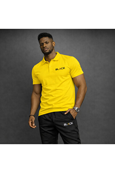 NOFLEN طقم بنطال رياضي أسود مطبوع مكون من قطعتين بياقة بولو