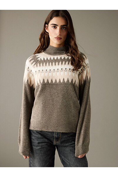 LC Waikiki LCW Vision Кафяв дамски плетен пуловер с полукръгла яка и шарки