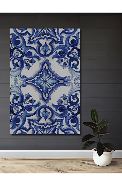Teona Ahşap Mavi Beyaz Çini Desenli Sulu Boya Görünümlü Modern Sanat Ahşap De...