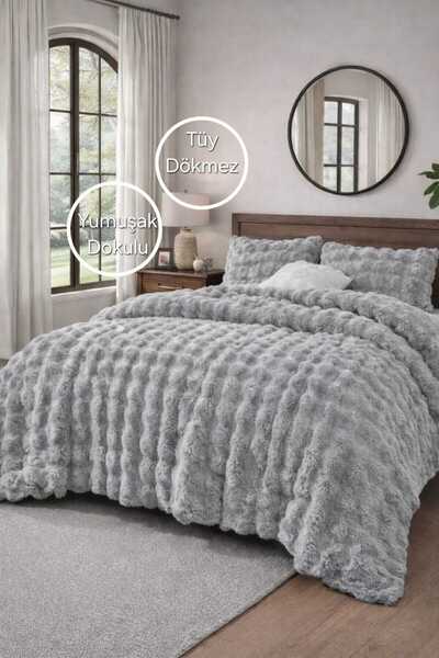PEREN HOME Premium Tavşan Tüyü Peluş Çift Kişilik Yatak Örtüsü Seti Açık Gri 240x220cm + 2 Adet Yastık Kılıfı