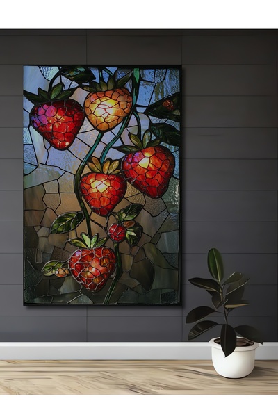 Teona Ahşap Canlı Çilek Bahçesi Vitray Görünümlü Ahşap Dekoratif Ev,Antre,Sal...