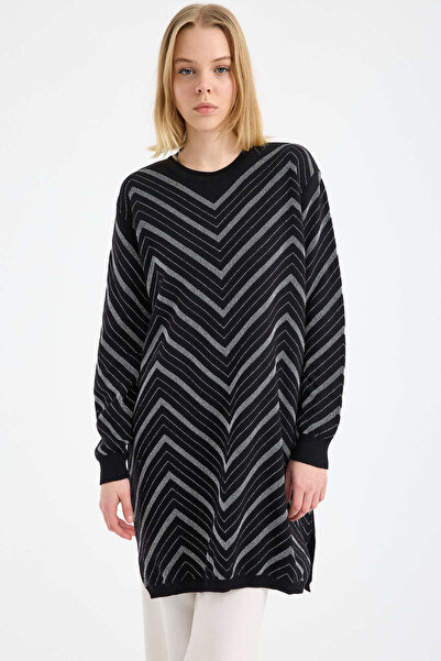 Sementa Yanları Yırtmaçlı Simli Tunik Triko Kazak - Siyah