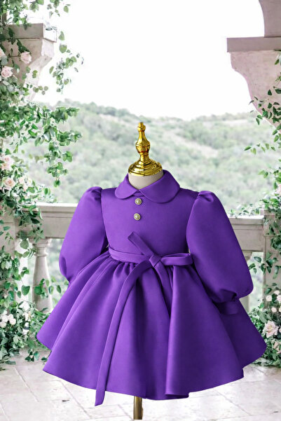 MUSGEM Özel Tasarım Mor Uzun Kol Yılbaşı Model Kız Çocuk Abiye Elbise