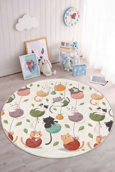 Realhomes Sevimli Kediler Desenli Yıkanabilir Yuvarlak Çocuk Odası Halısı