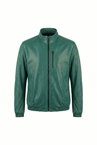 ECOTİQUE Erkek Slim Fit Su Geçirmez Hakiki Gerçek Deri Ceket & Mont Yeşil Deri