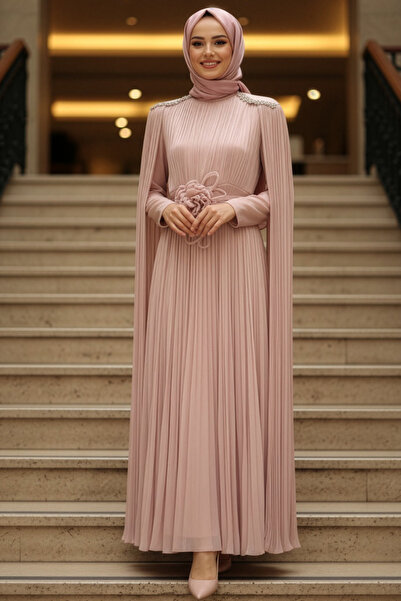 N.S NEVA STYLE Powder Hijab Evening Dress with Cape Detail 54331Pd