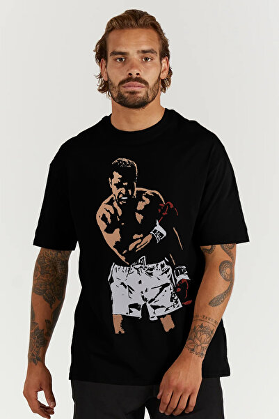 kun inaki Muhammed Ali Baskılı Oversize Kalıp Siyah Geniş Bol Kesim Erkek Tişört