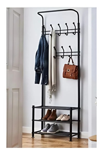 aram منظم علاقة ملابس معدن وحامل ملابس مزود بخطافات و 3 رفوف احذية| اسود 190x65x30 سم