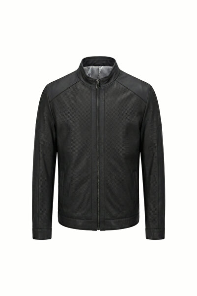 ECOTİQUE سترة ومعاطف رجالية قصة ضيقة مقاومة للماء من الجلد الطبيعي باللون الأسود