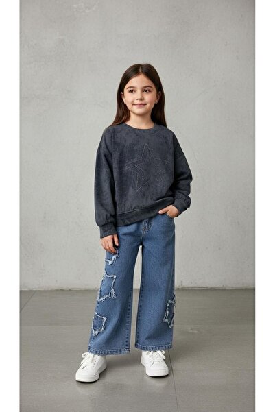 İncilay Κοριτσίστικο Σετ Φούτερ με στάμπα μαύρου αστεριού και τζιν παντελόνι ...