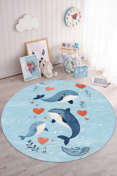 Realhomes Sevimli Yüzgeçli Balina Desenli Yuvarlak Çocuk Odası Yıkanabilir Ka...