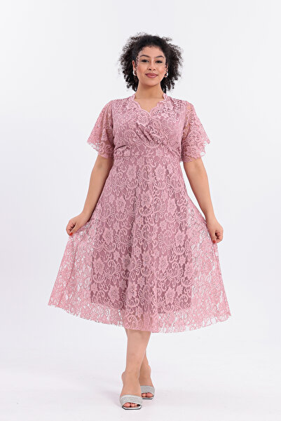 IŞILTI Women's Lace Inner Lined K Double-Breasted Collar Half Sleeve Midi Plus Size Evening Dress 3055