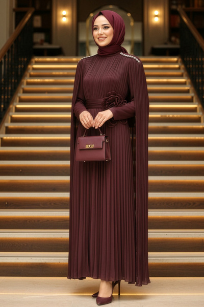 N.S NEVA STYLE - Rochie de seară maro cu detaliu pelerină, stil Tesettür 54331KH