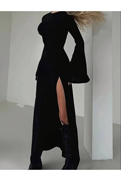 Gülmude Long Sleeve Crew Neck Knee Length Slit Transitional Stylish Evening Dress Event Long Dress