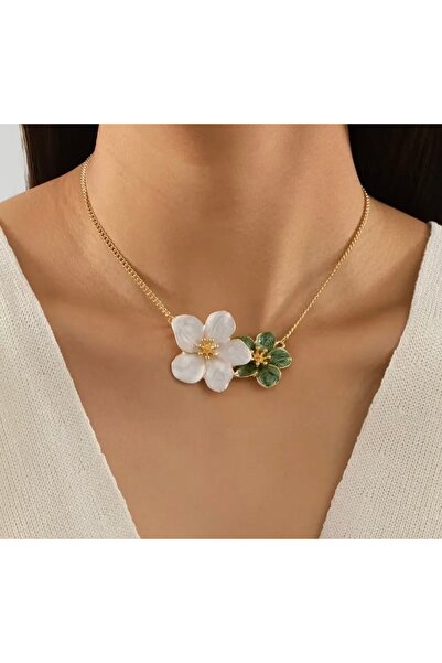 monalisatoka Kadın Gold Ekru/Yeşil Çiçekli Kolye