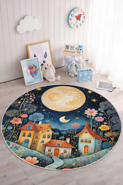 Realhomes Renkli Ev Motifli Yuvarlak Çocuk Odası Yıkanabilir Kaymaz Taban Halı