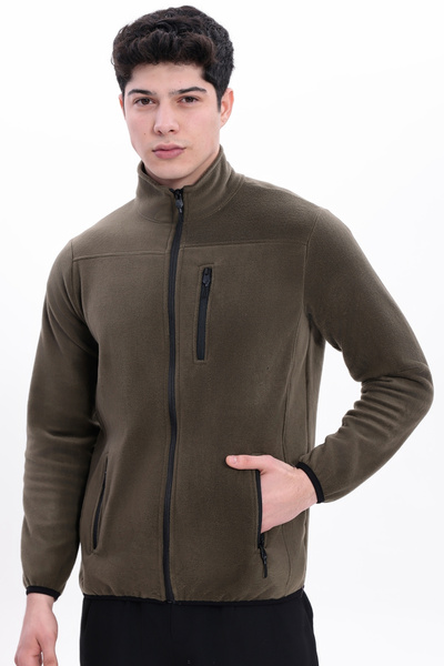 freemen Jachetă pentru bărbați din lână caldă, kaki, cu guler ridicat buzunare la piept și fermoar