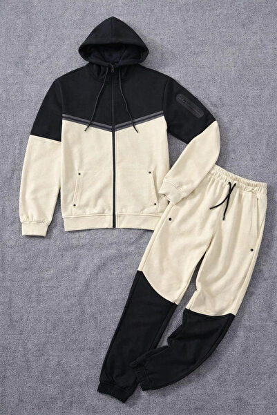 COMBİNE MİCHAİL Men's Loose Line Patterned Cream Tracksuit Set