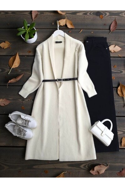 ŞAHİN TESETTÜR GİYİM Belted Open Front Beard Yarn Long Cap 8196