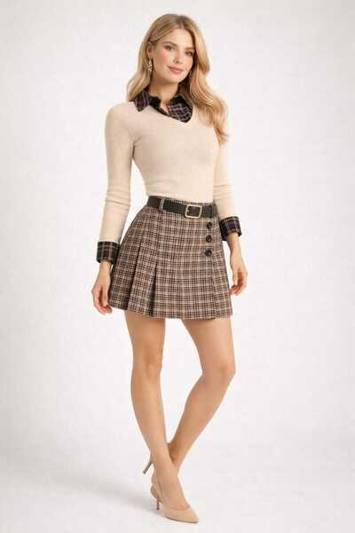 gigigiyim Gömlek Yaka Kare Detaylı Kadın Triko Kazak