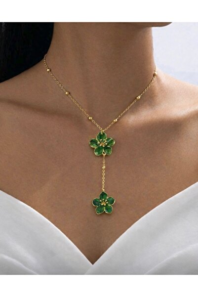 monalisatoka Kadın Gold Yeşil Çiçek Y Model Kolye