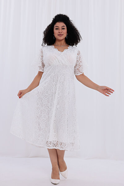 IŞILTI Women's Lace Inner Lined K Double-Breasted Collar Half Sleeve Midi Plus Size Evening Dress 3055