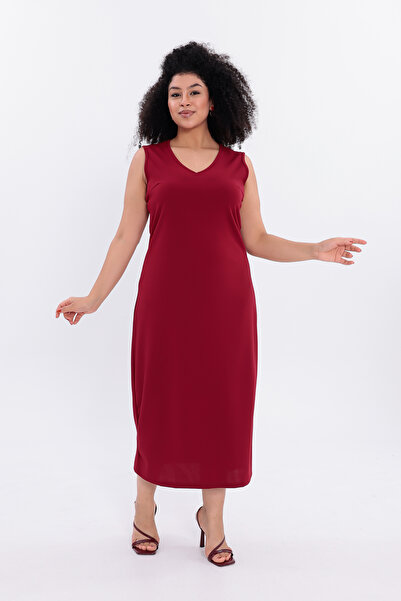 IŞILTI Stylish and Elegant Stretch Fabric Stretchy Crepe Fabric Sleeveless V-Neck Midi Length Modern Plus Size Evening Dress 3140