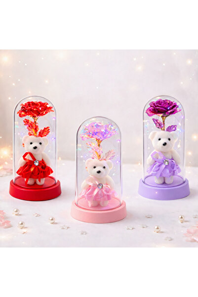 First Choice Crystal Rose 21cm with Multicolor LED Light and Bear 11cm, in Plastic Dome