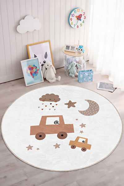 Realhomes Sevimli Araba ve Bulut Desenli Yuvarlak Yıkanabilir Çocuk Odası Halısı