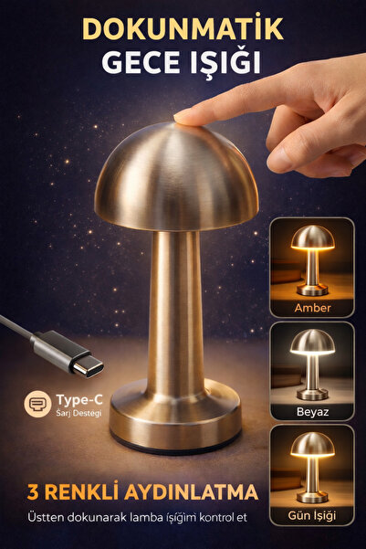 DrBambu Mantar Masa Lambası Kablosuz Ledli 3renk Dokunmatik Şarjlı