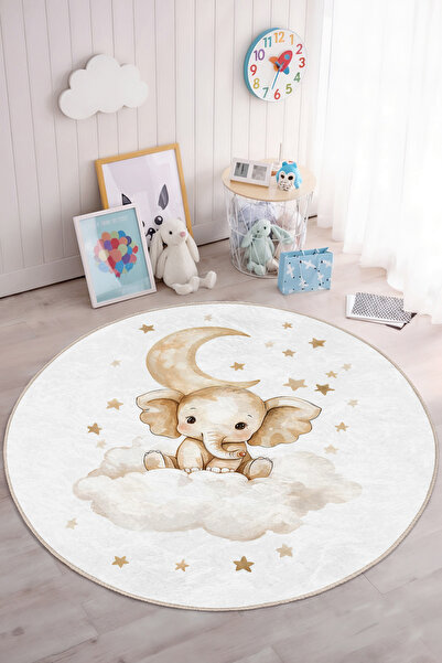 Realhomes Yıldızlı Ay Temalı Yıkanabilir Yuvarlak Çocuk Odası Halısı