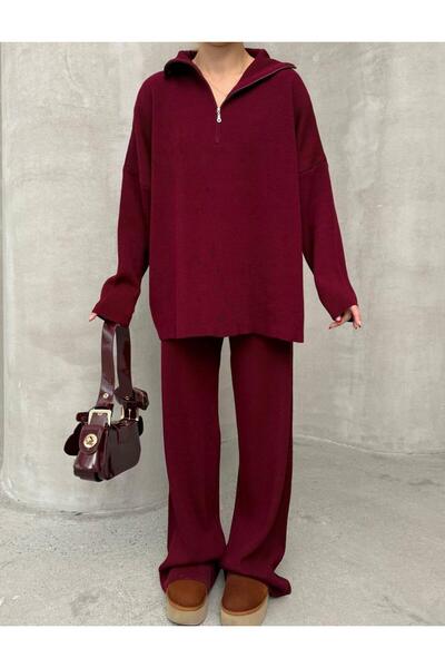 De Pose Spring Burgundy Knitted Detailed Oversized Sweater Trousers Knitwear Top and Bottom Set