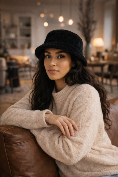 MYZİ STORE Women's Black Soft Plush Textured Bucket Hat Is Ideal for Daily Outfits in Winter Months.