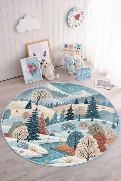 Realhomes Doğa Manzaralı Renkli Yıkanabilir Yuvarlak Çocuk Odası Halısı