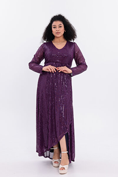 IŞILTI Modern Design Sequined Fabric Full Length Long Sleeve V-Neck Slit Plus Size Evening Dress 3141