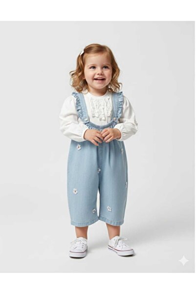 ELAGÜL Çiçek Nakışlı Kot Görünümlü Örme Kumaş Mevsimlik 2li Salopet Set