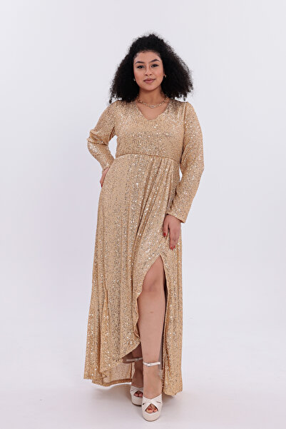 IŞILTI Modern Design Sequined Fabric Full Length Long Sleeve V-Neck Slit Plus Size Evening Dress 3141