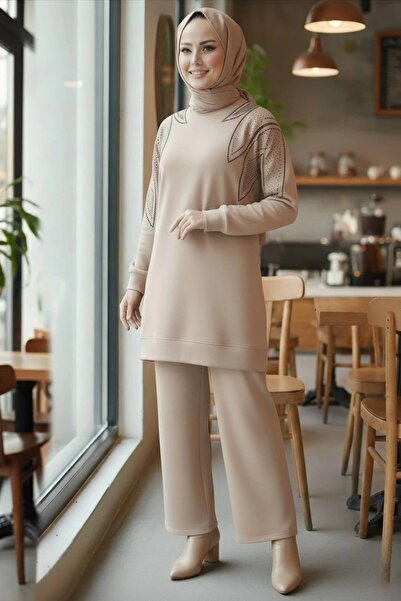 Asil Modest cu pietre aplicate Modal Set dublu cremă - 28045-KREM