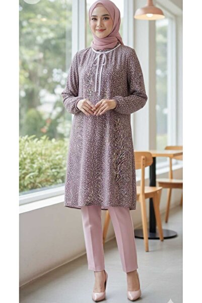 MODA Pudra mor karışımlı minik çiçekli kolar lastikli tül şifon diz boyunda ş...