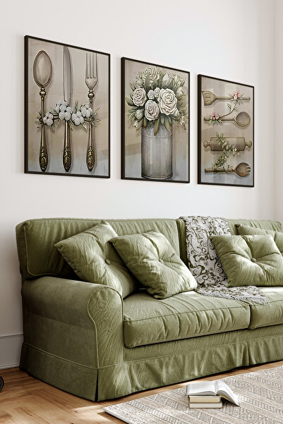 kutuTR Siyah Çerçeveli 2D UV Baskı 3’lü MDF Tablo Set – Mutfak Gereçleri ve Ç...