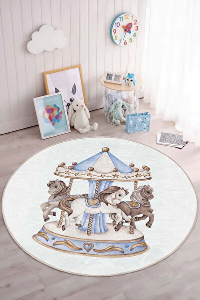 Realhomes Şirin Atlıkarınca Desenli Yıkanabilir Yuvarlak Çocuk Odası Halısı