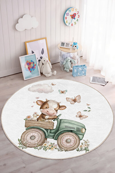 Realhomes Sevimli İnek ve Arı Motifli Yuvarlak Çocuk Odası Yıkanabilir Kaymaz...