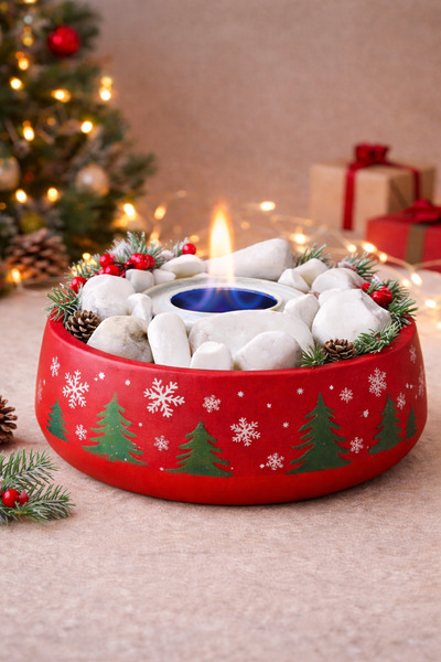 Avrupa Akademi Taş Çanak Masa Üstü Şömine | Beyaz Taşlı Reşo Yakıtlı Dekoratif Şömine