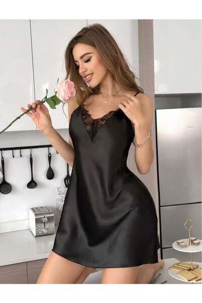M MERC Giyim Siyah Dantel İşlemeli İnce Askılı Saten Mini Gecelik