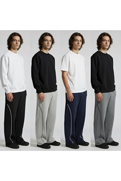 TKT Men's 4-Pack Piped Baggy Sweatpants 2 Drawstrings Comfortable Fit Wide Leg