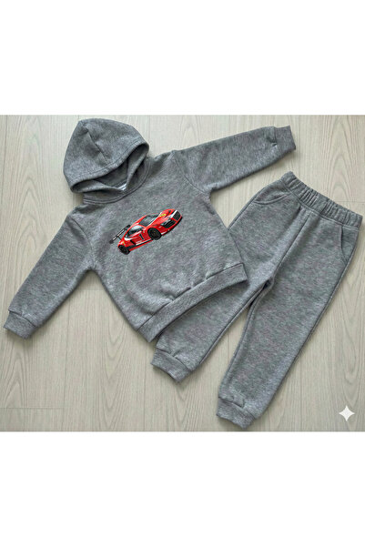 Machi طقم بدلة رياضية للأولاد من رالي كار مطبوع باللون الرمادي الداكن بغطاء ر...