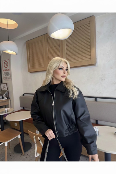 Orions Collection سترة جلدية من نوع بومبر باللون الأسود